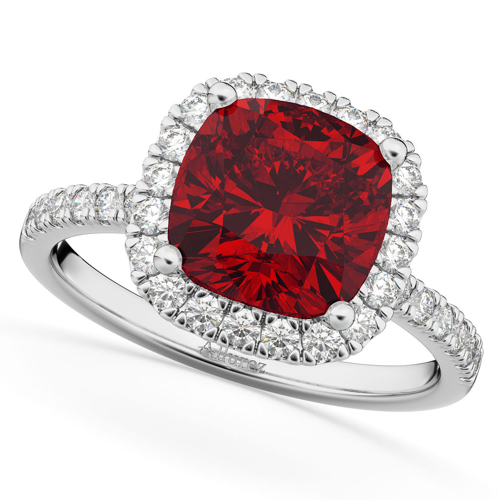 Ruby & Diamonds Cushion-Cut Halo Bridal Set 14K White Gold (3.38ct)