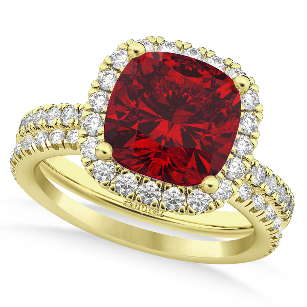 Ruby & Diamonds Cushion-Cut Halo Bridal Set 14K Yellow Gold (3.38ct)