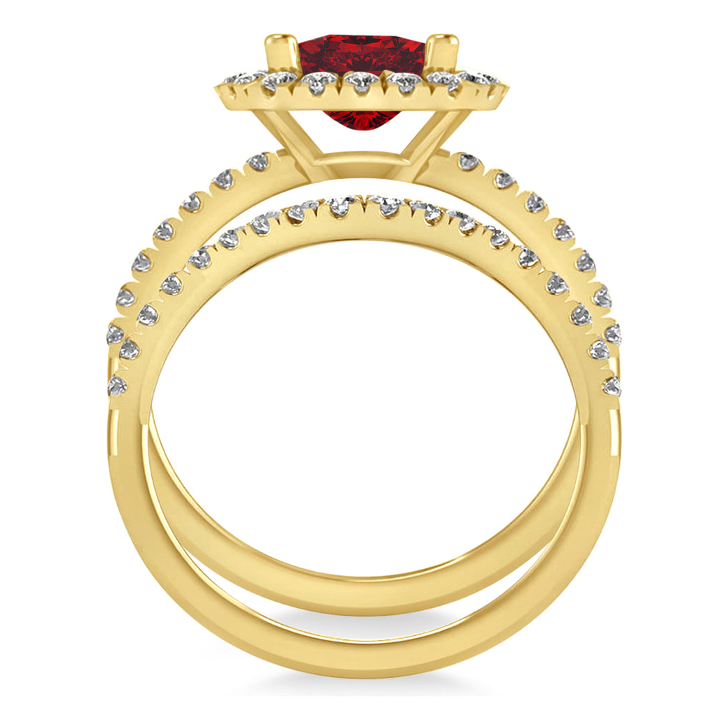 Ruby & Diamonds Cushion-Cut Halo Bridal Set 14K Yellow Gold (3.38ct)