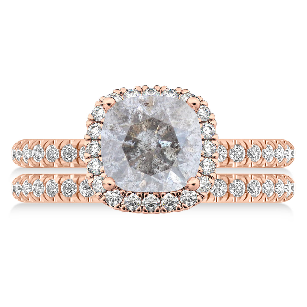 Salt & Pepper & White Diamonds Cushion-Cut Halo Bridal Set 14K Rose Gold (2.82ct)