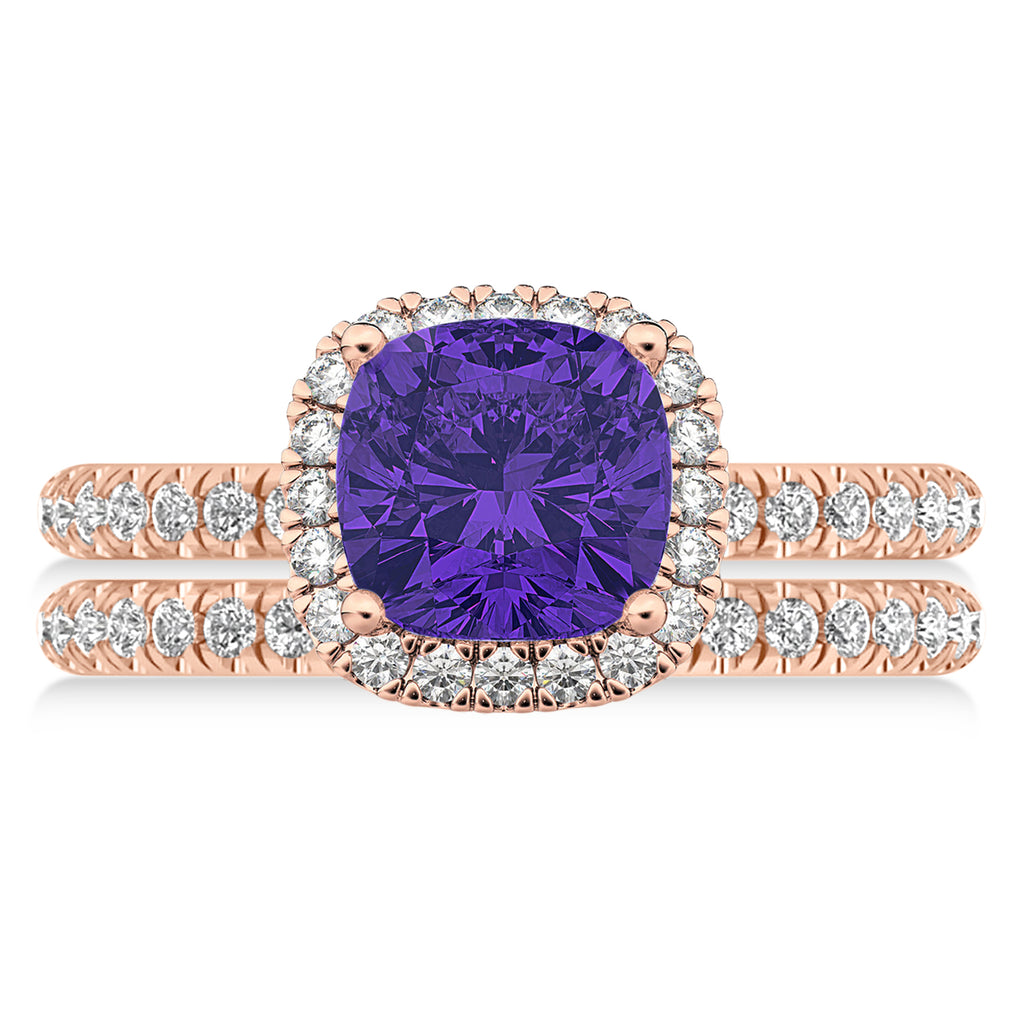 Tanzanite & Diamonds Cushion-Cut Halo Bridal Set 14K Rose Gold (3.38ct)
