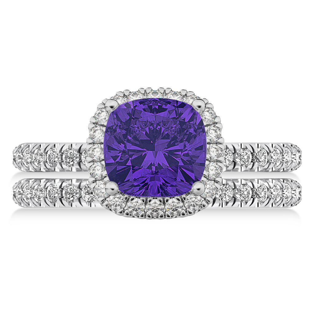 Tanzanite & Diamonds Cushion-Cut Halo Bridal Set 14K White Gold (3.38ct)