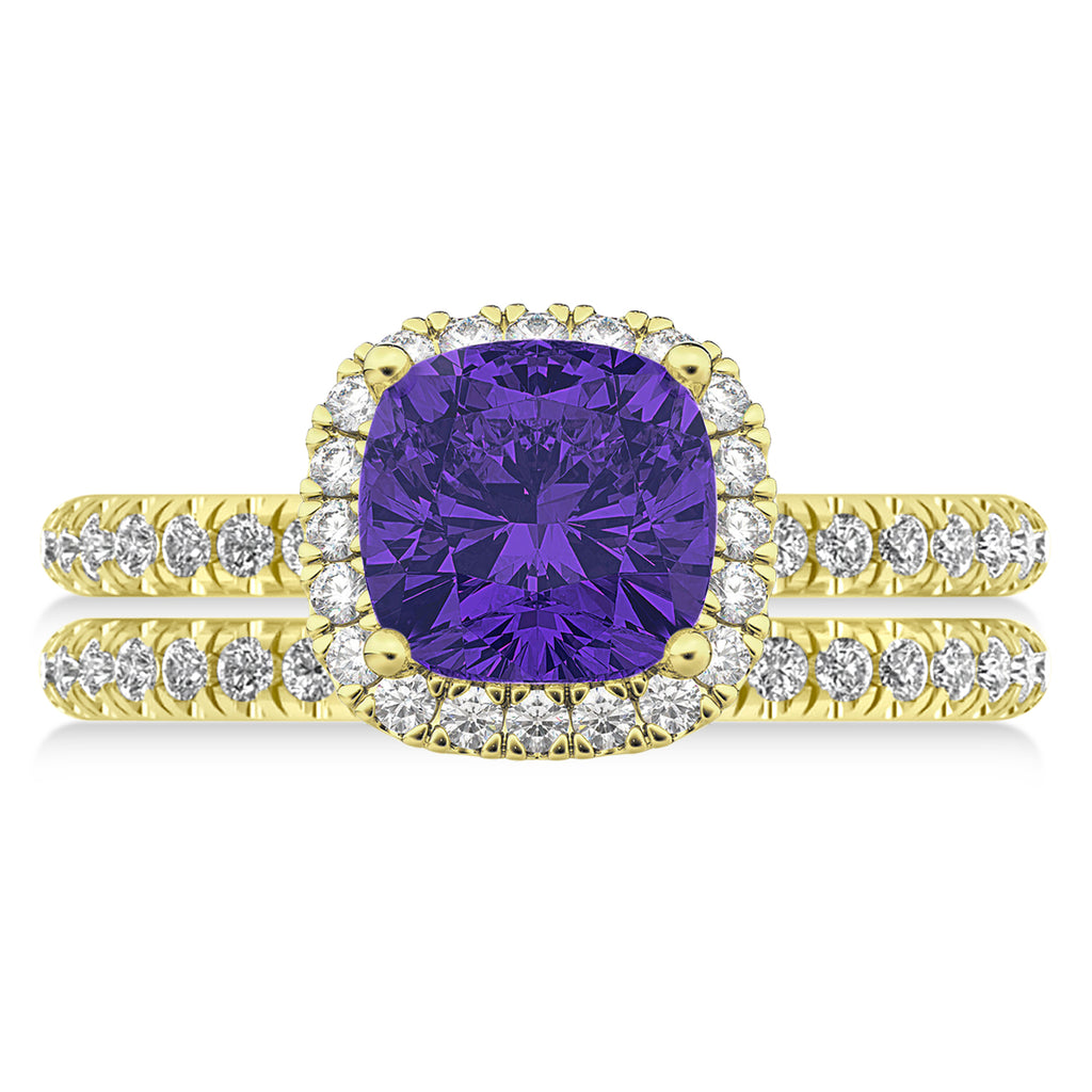 Tanzanite & Diamonds Cushion-Cut Halo Bridal Set 14K Yellow Gold (3.38ct)