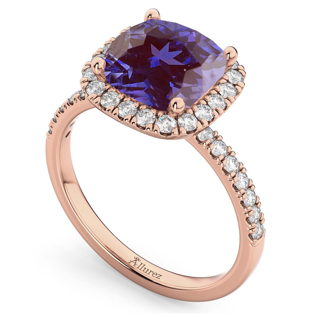 Cushion Cut Halo Lab Alexandrite & Diamond Engagement Ring 14k Rose Gold (3.11ct)