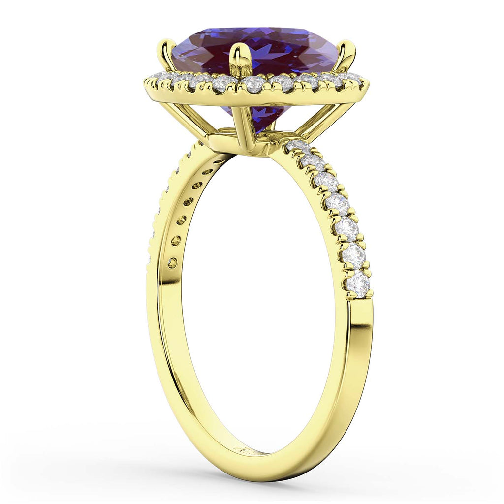 Cushion Cut Halo Lab Alexandrite & Diamond Engagement Ring 14k Yellow Gold (3.11ct)