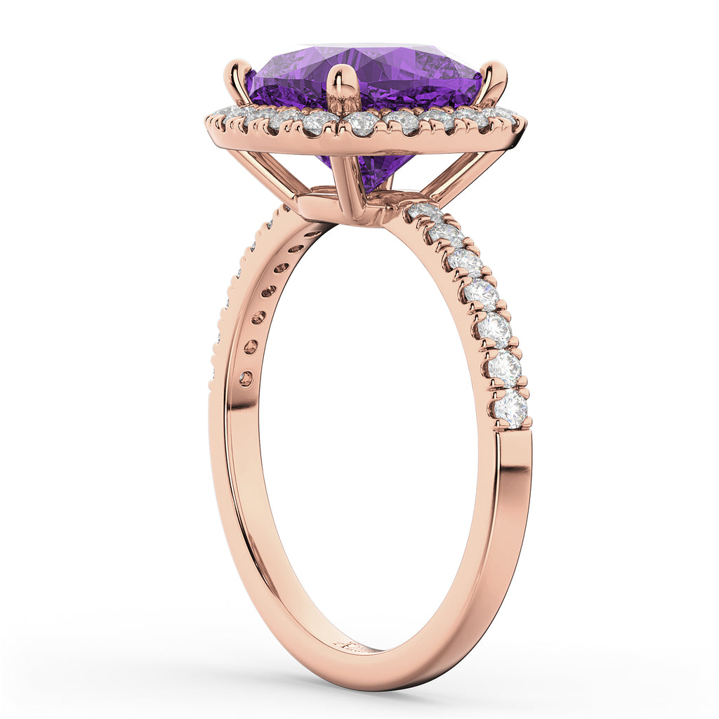 Cushion Cut Halo Amethyst & Diamond Engagement Ring 14k Rose Gold (3.11ct)