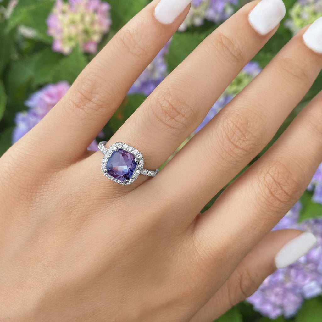 Cushion Cut Halo Amethyst & Diamond Engagement Ring 14k White Gold (3.11ct)