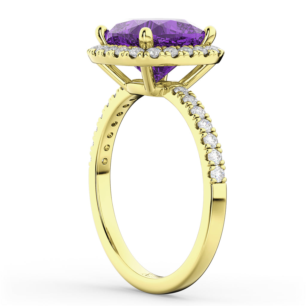 Cushion Cut Halo Amethyst & Diamond Engagement Ring 14k Yellow Gold (3.11ct)