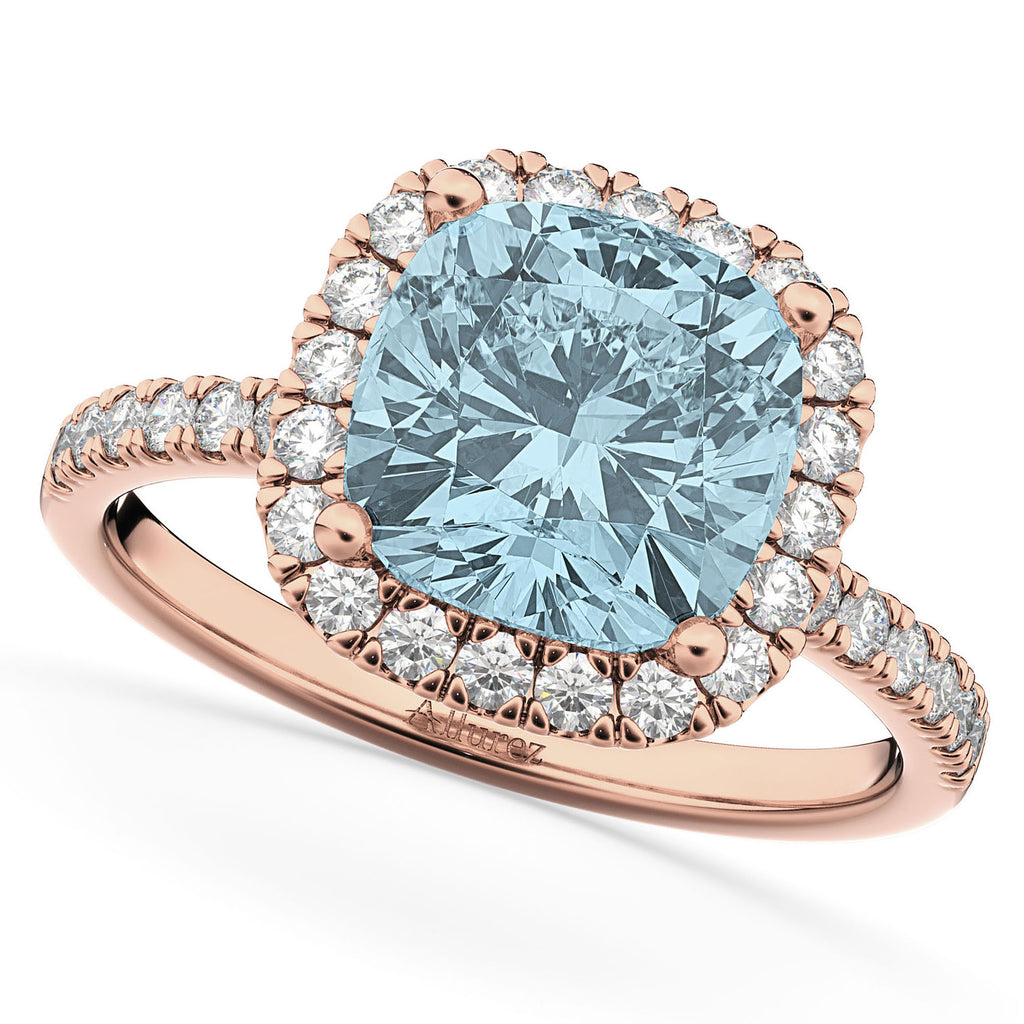 Cushion Cut Halo Aquamarine & Diamond Engagement Ring 14k Rose Gold (3.11ct)