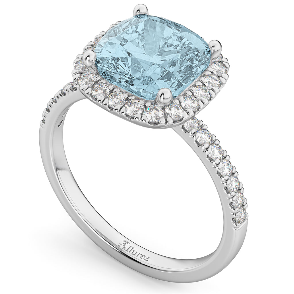 Cushion Cut Halo Aquamarine & Diamond Engagement Ring 14k White Gold (3.11ct)