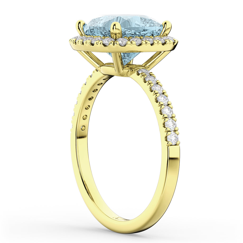 Cushion Cut Halo Aquamarine & Diamond Engagement Ring 14k Yellow Gold (3.11ct)