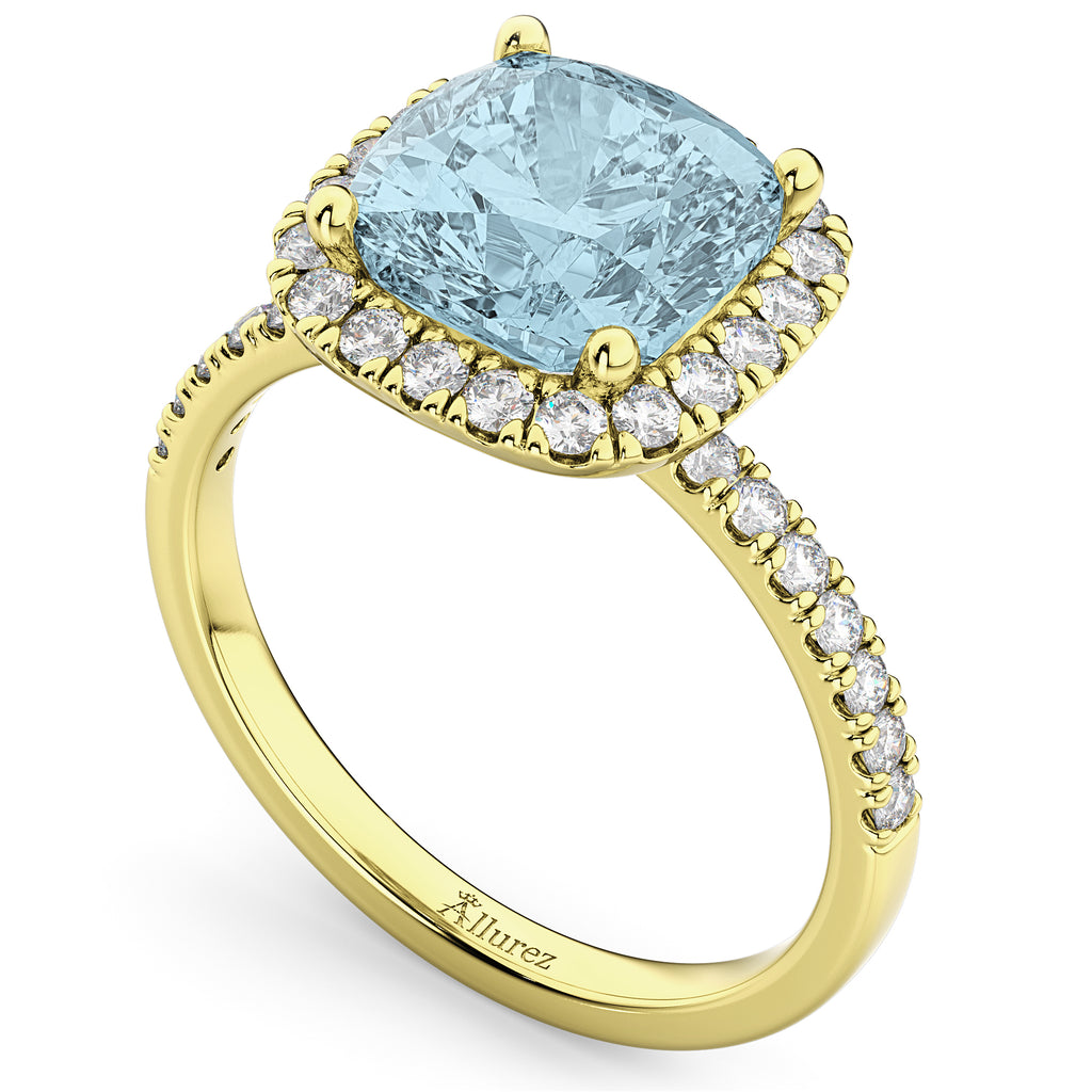 Cushion Cut Halo Aquamarine & Diamond Engagement Ring 14k Yellow Gold (3.11ct)