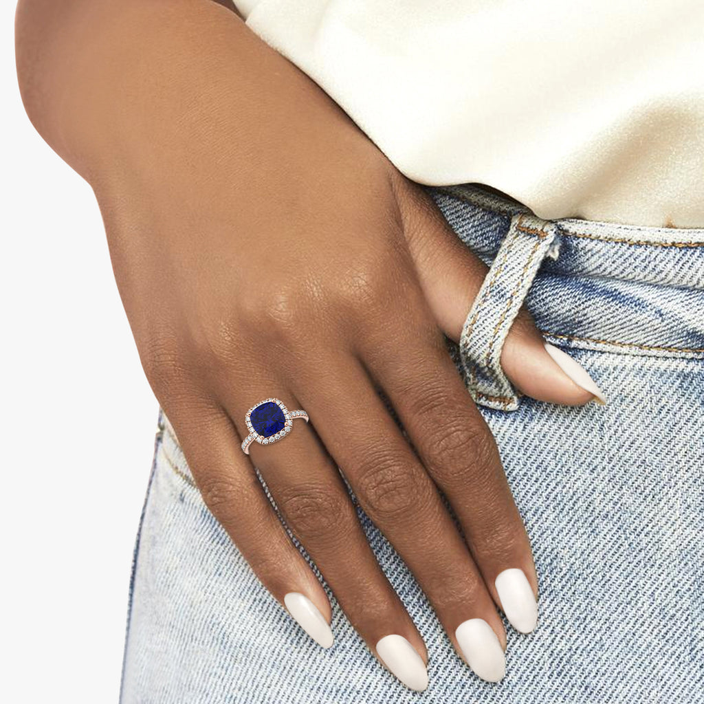 Cushion Cut Halo Lab Blue Sapphire & Lab Diamond Engagement Ring 14k Rose Gold (3.11ct)