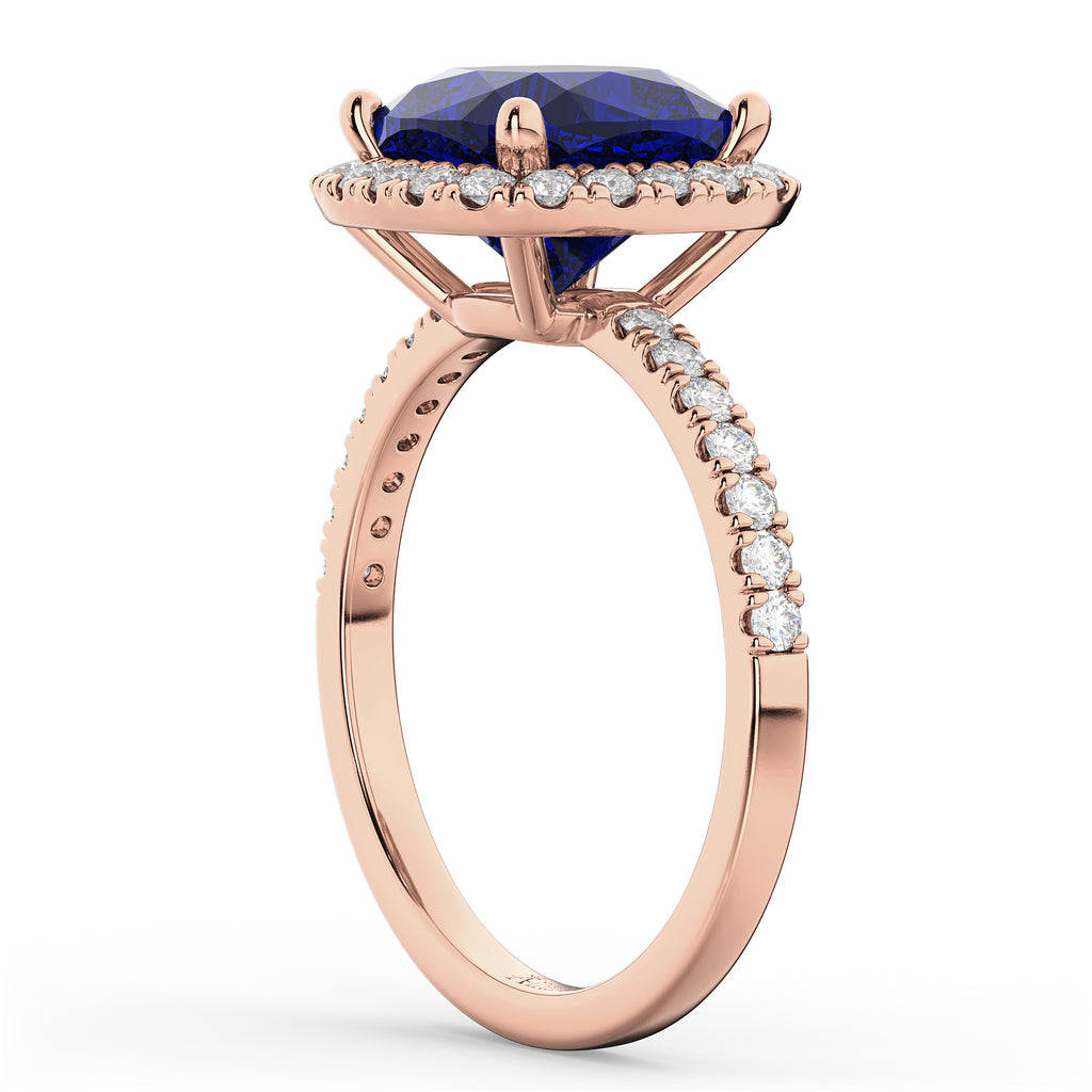 Cushion Cut Halo Lab Blue Sapphire & Lab Diamond Engagement Ring 14k Rose Gold (3.11ct)