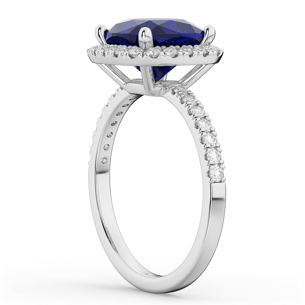 Cushion Cut Halo Blue Sapphire & Diamond Engagement Ring 14k White Gold (3.11ct)