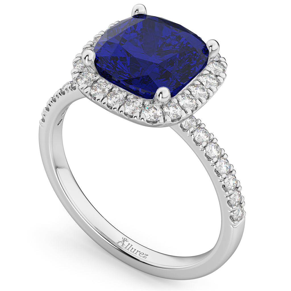Cushion Cut Halo Blue Sapphire & Diamond Engagement Ring 14k White Gold (3.11ct)