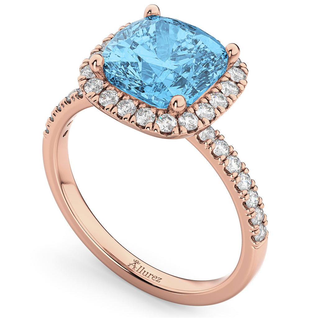 Cushion Cut Halo Blue Topaz & Diamond Engagement Ring 14k Rose Gold (3.11ct)
