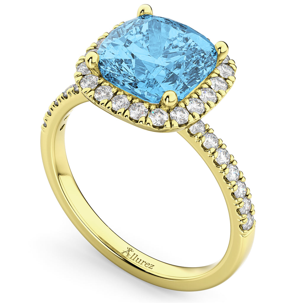 Cushion Cut Halo Blue Topaz & Diamond Engagement Ring 14k Yellow Gold (3.11ct)