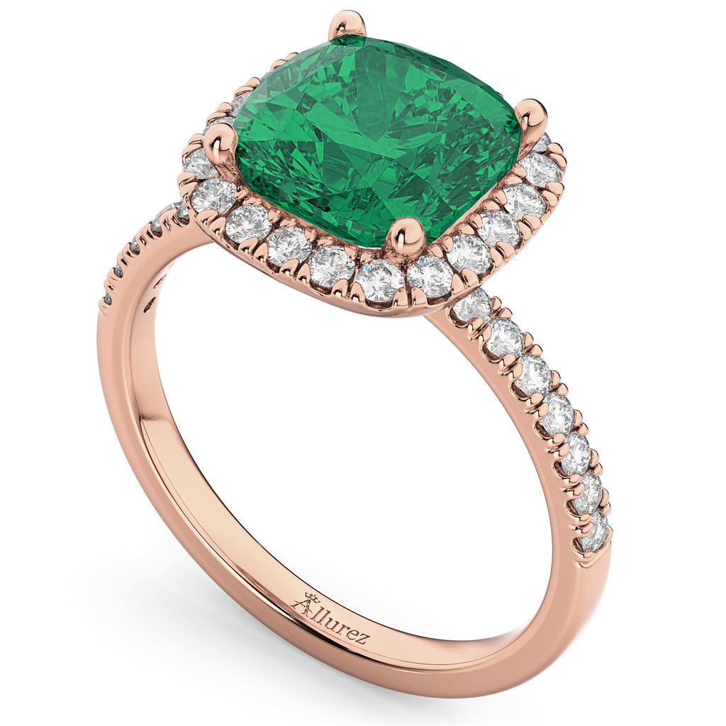 Cushion Cut Halo Lab Emerald & Lab Diamond Engagement Ring 14k Rose Gold (3.11ct)