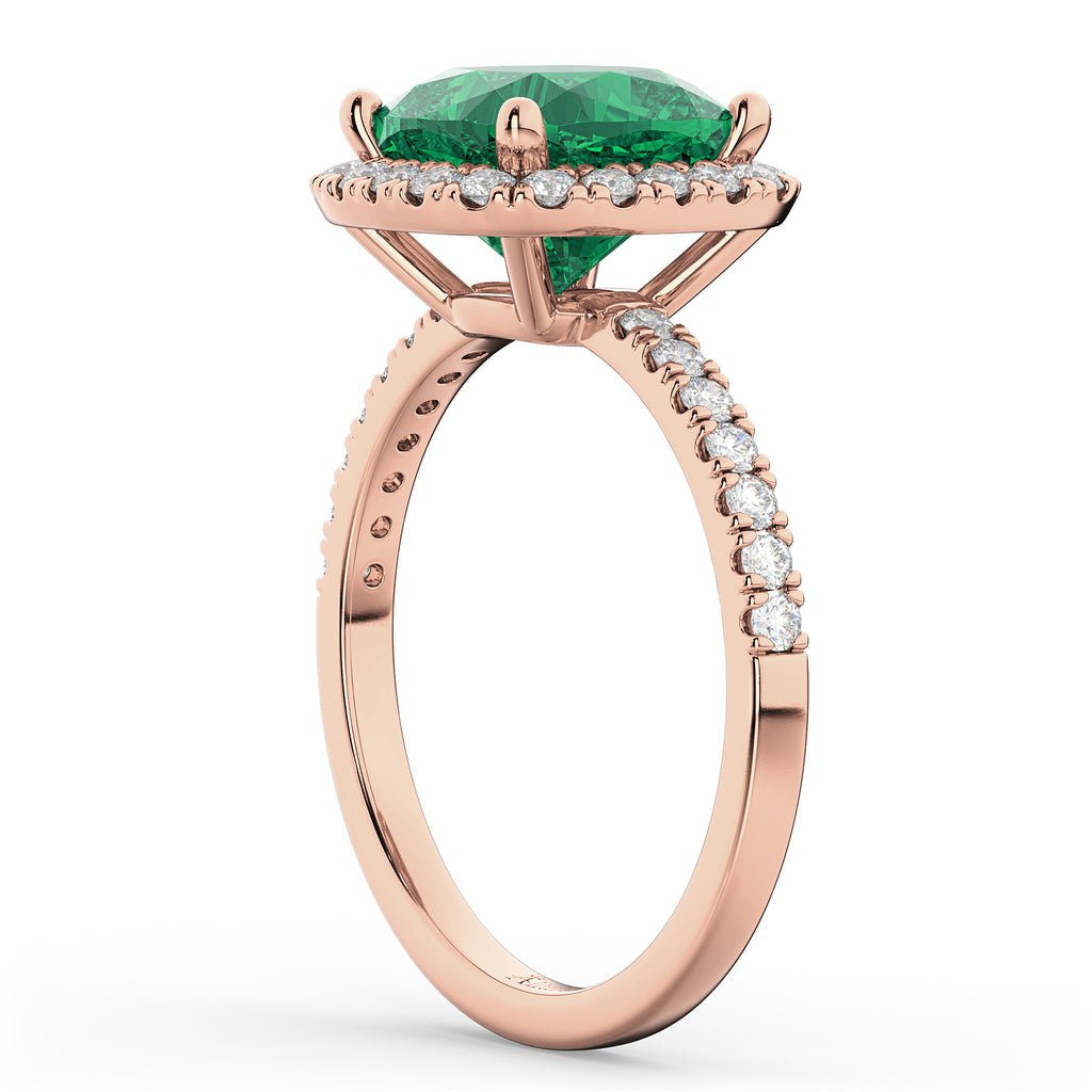 Cushion Cut Halo Emerald & Diamond Engagement Ring 14k Rose Gold (3.11ct)