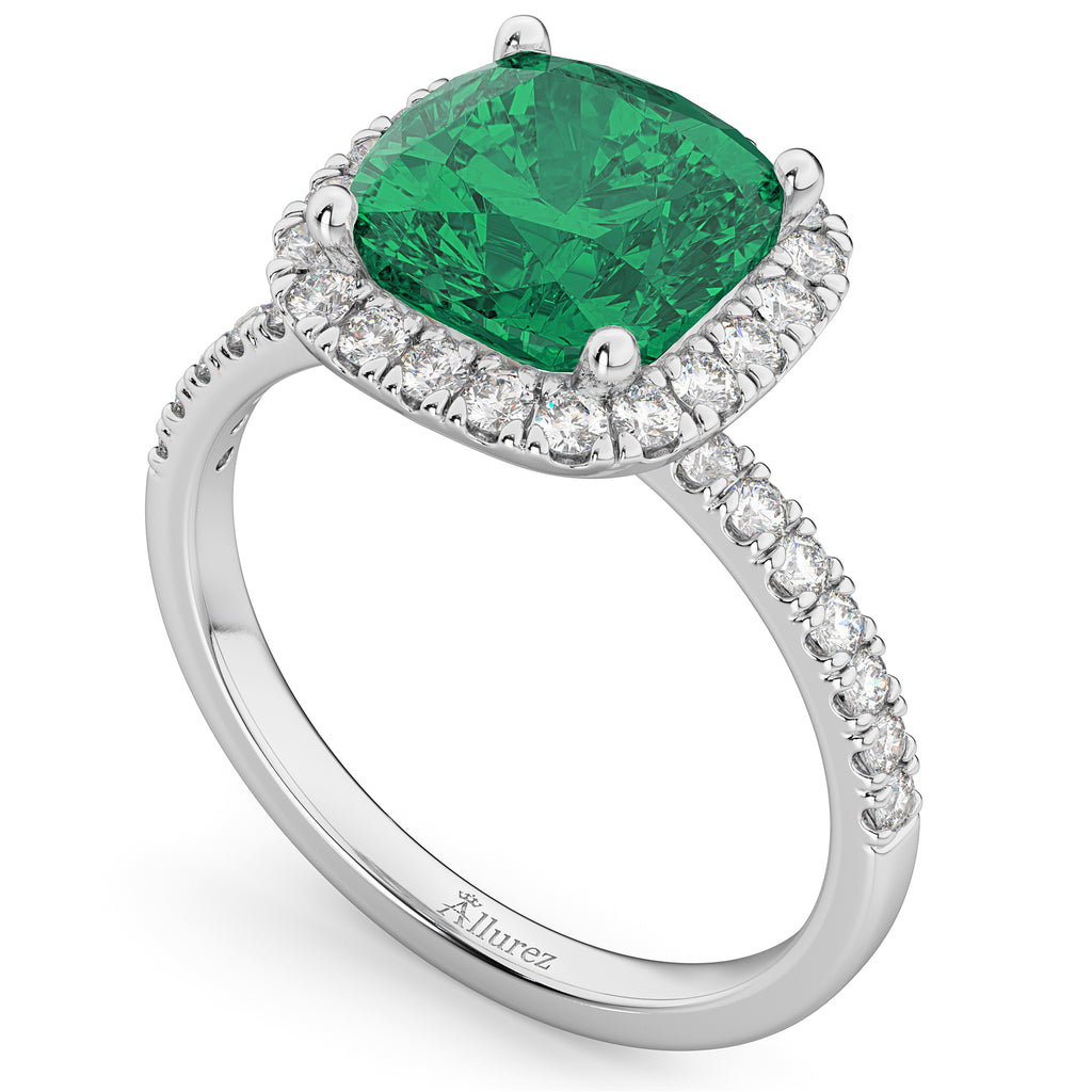 Cushion Cut Halo Emerald & Diamond Engagement Ring 14k White Gold (3.11ct)
