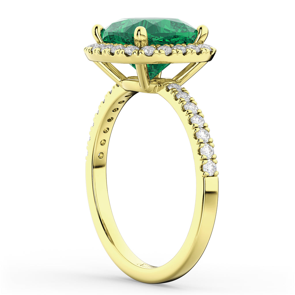 Cushion Cut Halo Emerald & Diamond Engagement Ring 14k Yellow Gold (3.11ct)