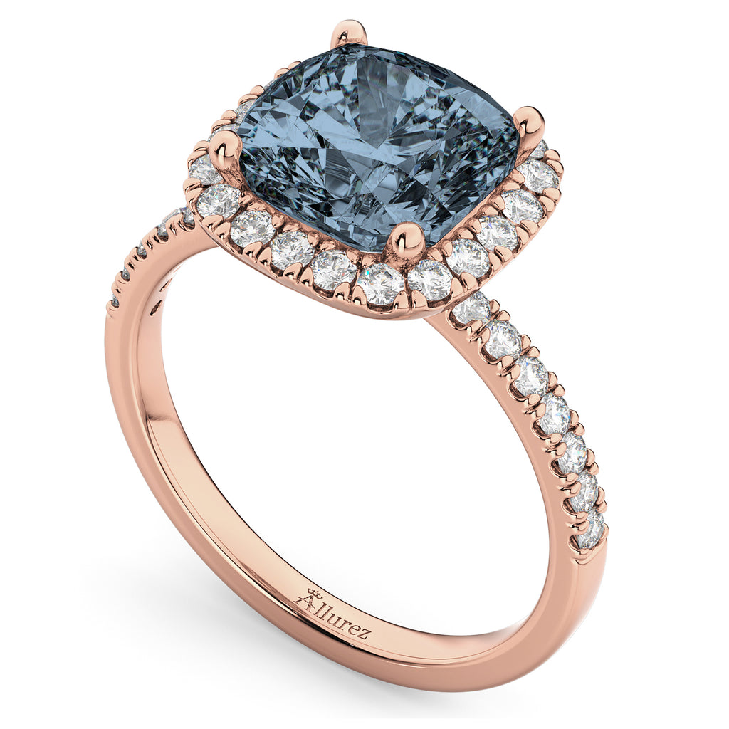 Cushion Cut Halo Gray Spinel & Diamond Engagement Ring 14k Rose Gold (3.11ct)