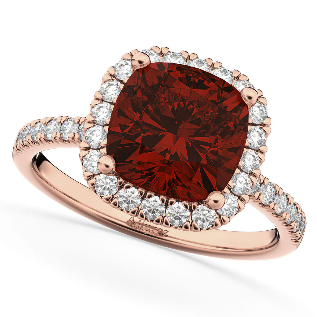 Cushion Cut Halo Garnet & Diamond Engagement Ring 14k Rose Gold (3.11ct)
