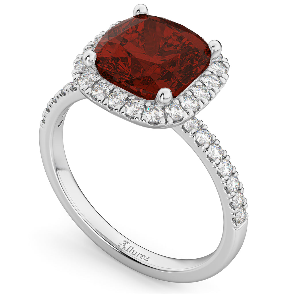 Cushion Cut Halo Garnet & Diamond Engagement Ring 14k White Gold (3.11ct)
