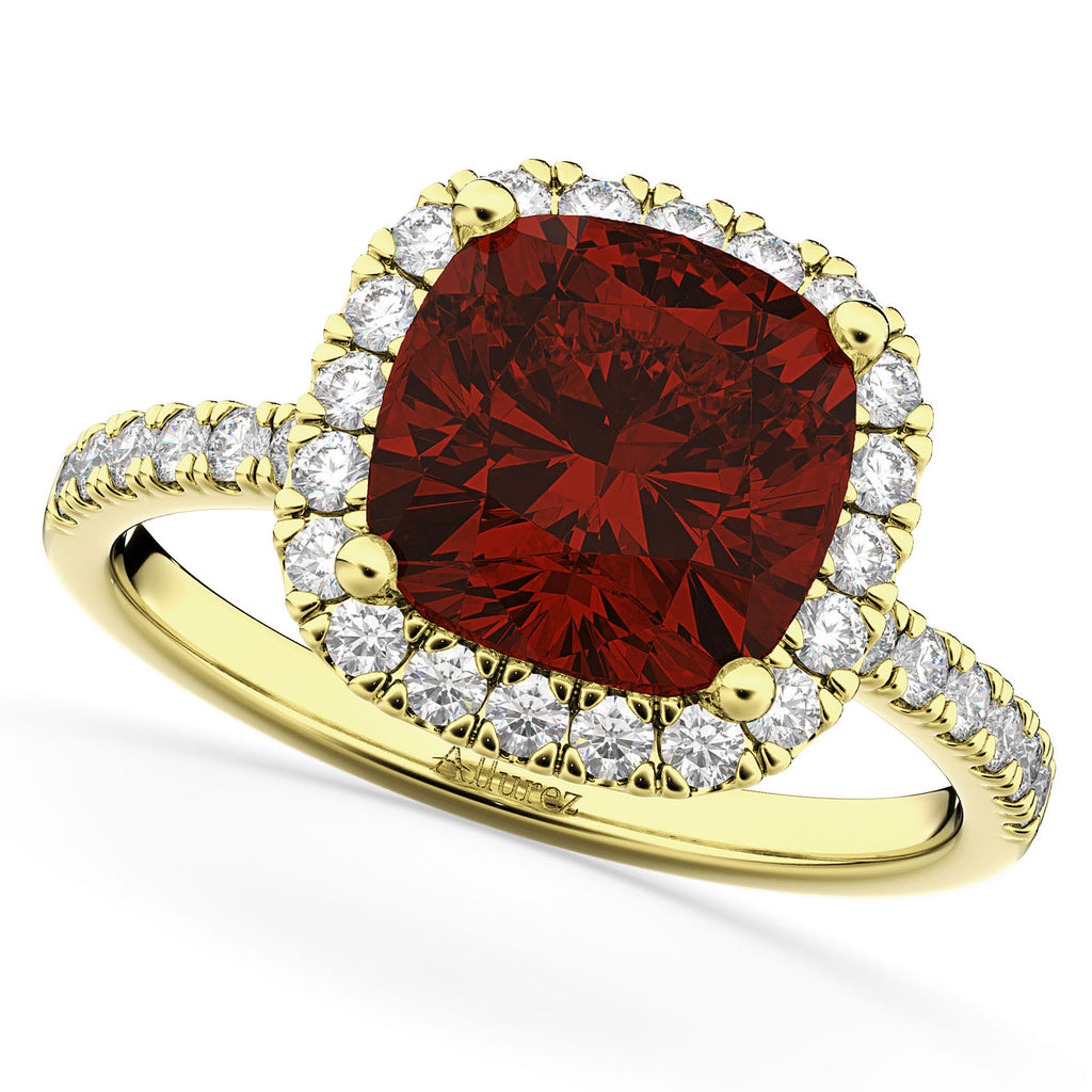 Cushion Cut Halo Garnet & Diamond Engagement Ring 14k Yellow Gold (3.11ct)