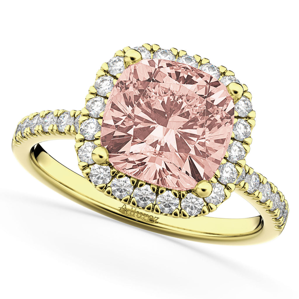 Cushion Cut Halo Morganite & Diamond Engagement Ring 14k Yellow Gold (3.11ct)