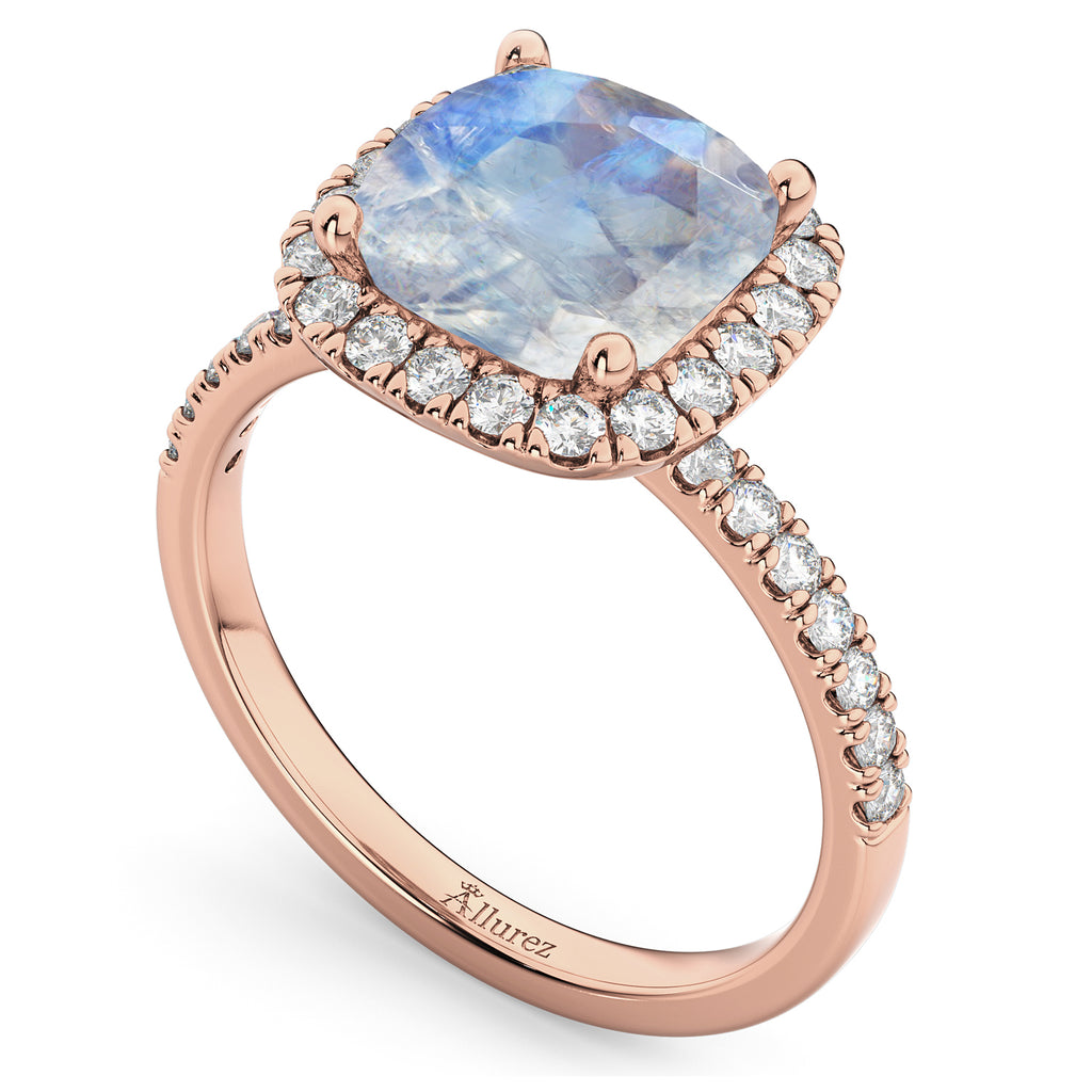 Cushion Cut Halo Moonstone & Diamond Engagement Ring 14k Rose Gold (3.11ct)