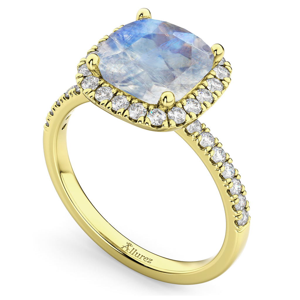 Cushion Cut Halo Moonstone & Diamond Engagement Ring 14k Yellow Gold (3.11ct)