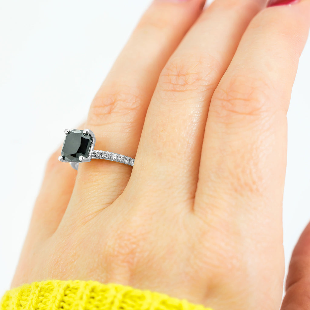 Cushion Cut Black Diamond Engagement Ring 14k White Gold (2.25ct)