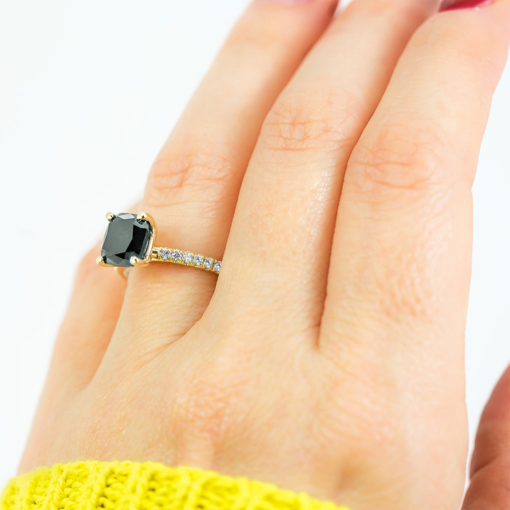 Cushion Cut Black Diamond Engagement Ring 14k Yellow Gold (2.25ct)