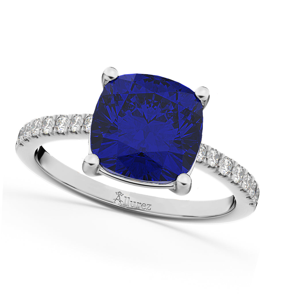 Cushion Cut Blue Sapphire & Diamond Engagement Ring 14k White Gold (2.81ct)