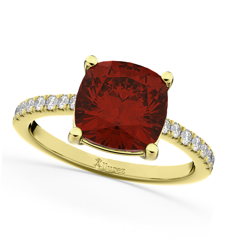 Cushion Cut Garnet & Diamond Engagement Ring 14k Yellow Gold (2.81ct)