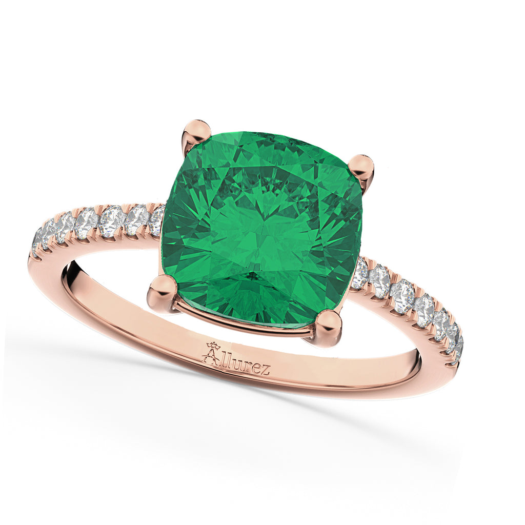 Cushion Cut Lab Emerald & Diamond Engagement Ring 14k Rose Gold (2.81ct)