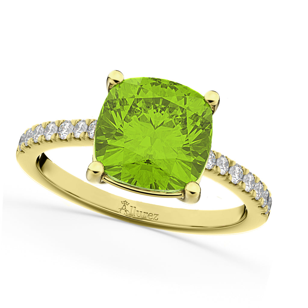 Cushion Cut Peridot & Diamond Engagement Ring 14k Yellow Gold (2.81ct)