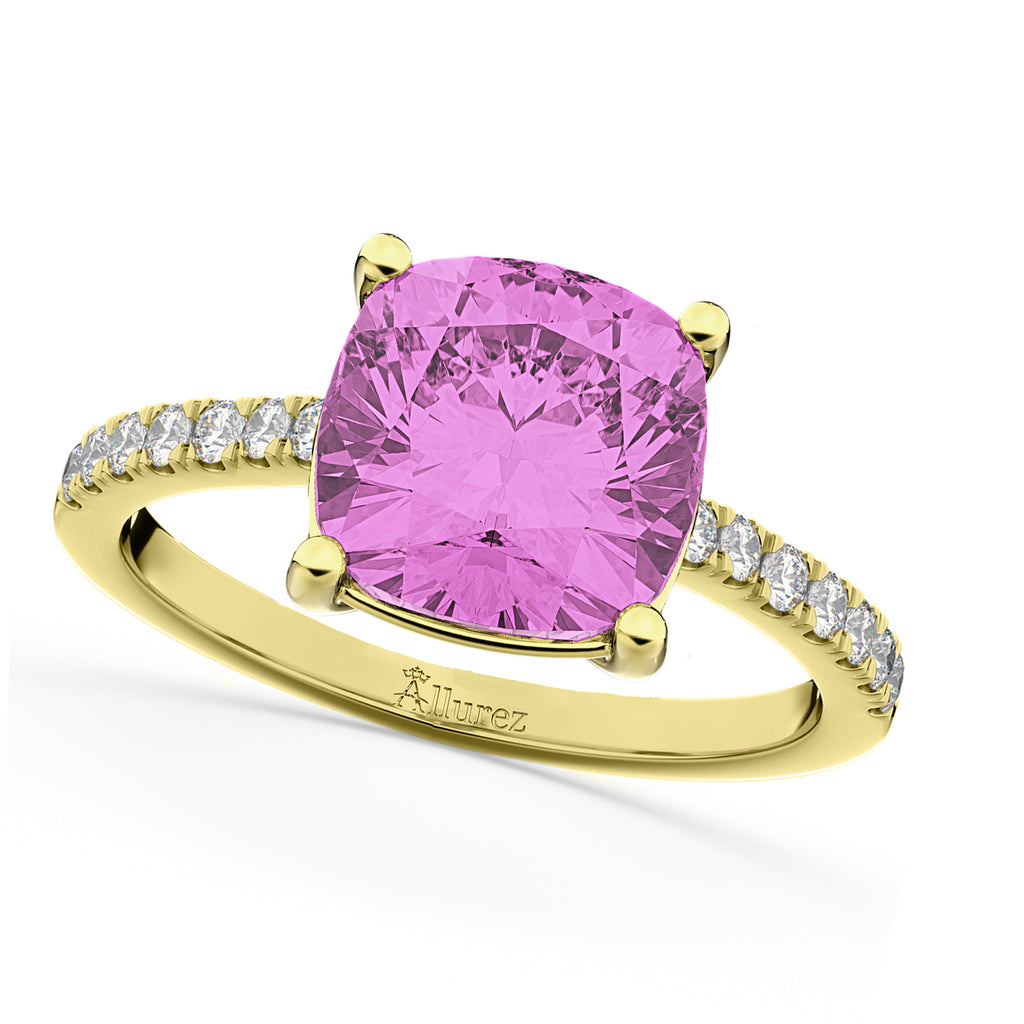 Cushion Cut Pink Sapphire & Diamond Engagement Ring 14k Yellow Gold (2.81ct)