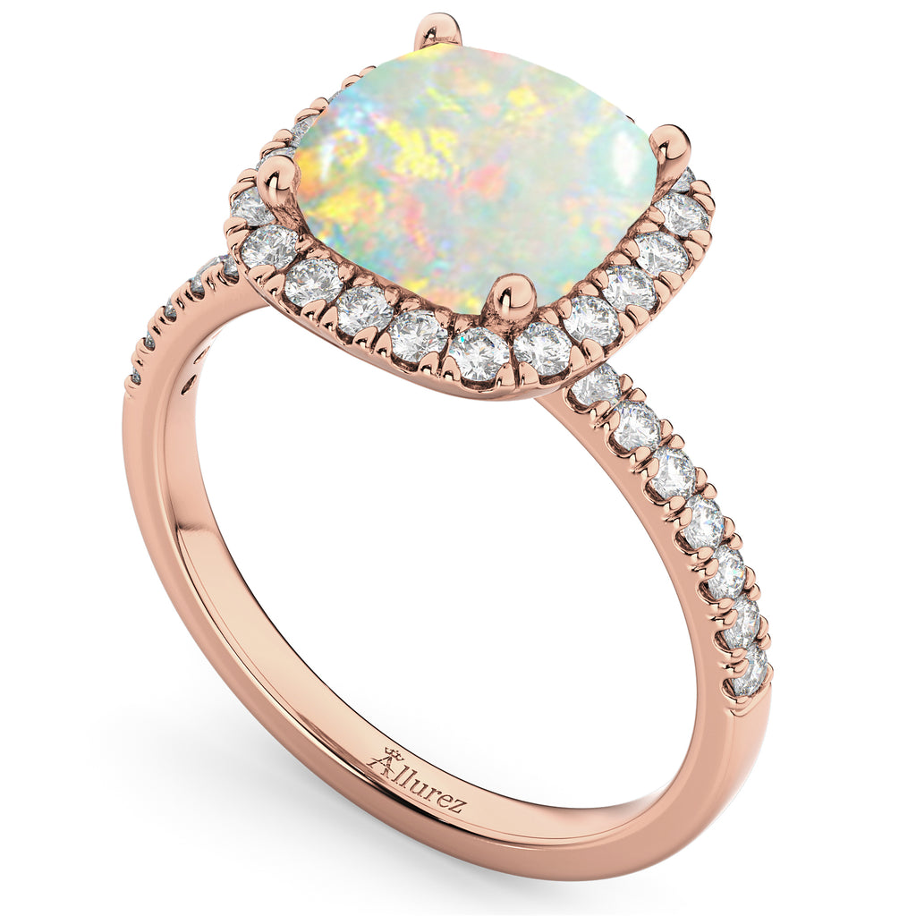 Cushion Cut Halo Opal & Diamond Engagement Ring 14k Rose Gold (3.11ct)