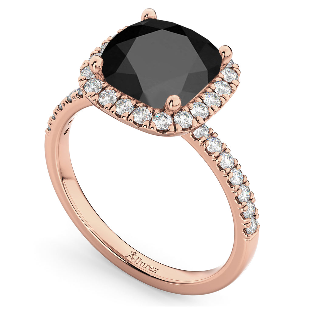 Cushion Cut Halo Black Onyx & Diamond Engagement Ring 14k Rose Gold (3.11ct)