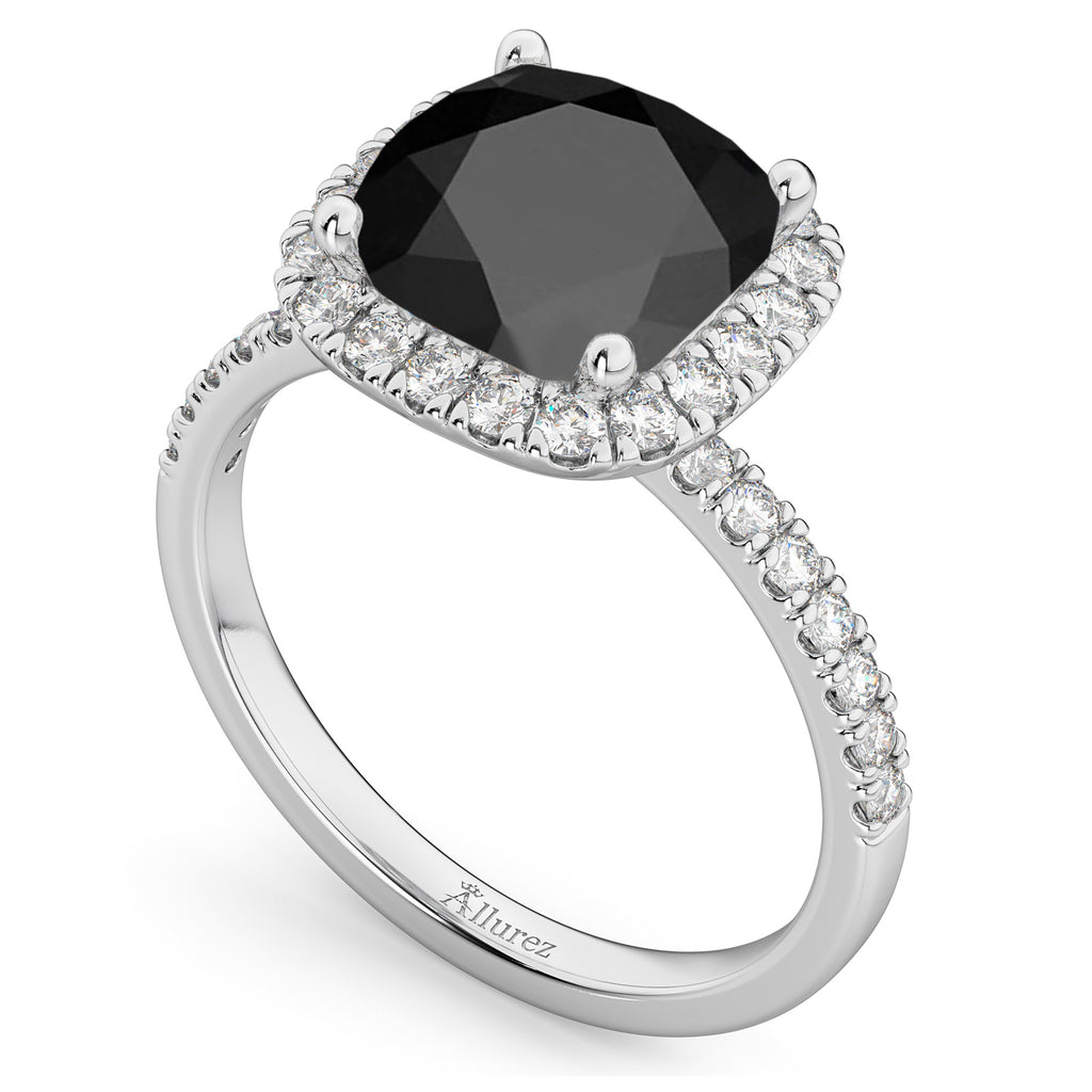 Cushion Cut Halo Black Onyx & Diamond Engagement Ring 14k White Gold (3.11ct)