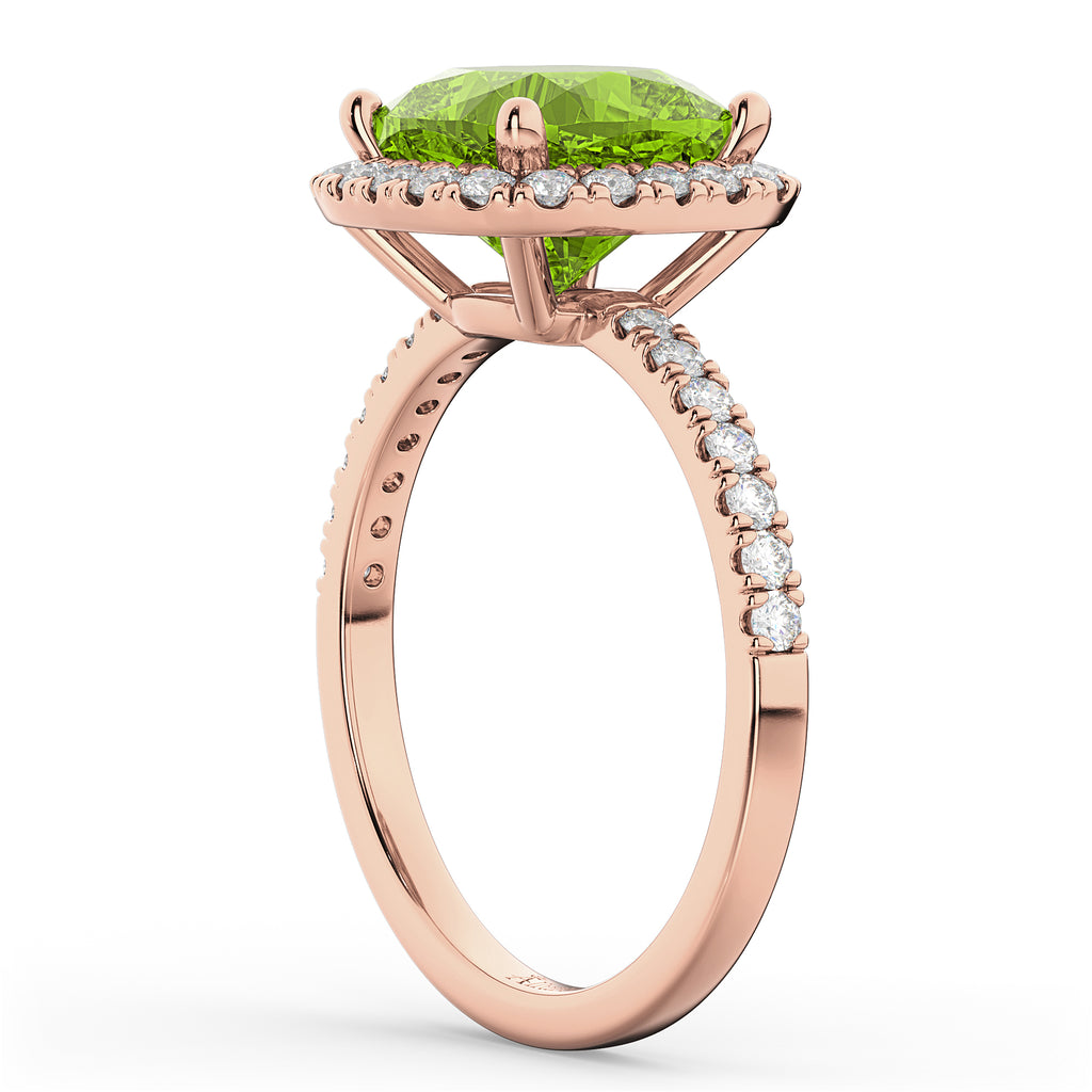 Cushion Cut Halo Peridot & Diamond Engagement Ring 14k Rose Gold (3.11ct)