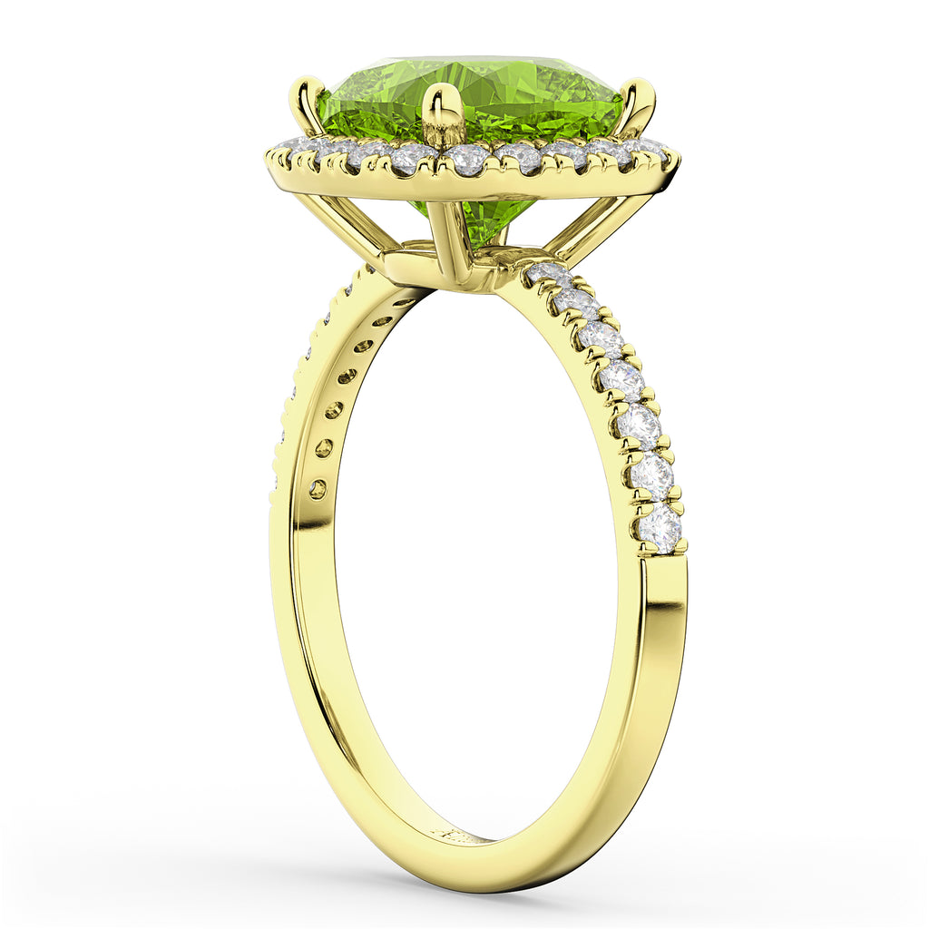 Cushion Cut Halo Peridot & Diamond Engagement Ring 14k Yellow Gold (3.11ct)