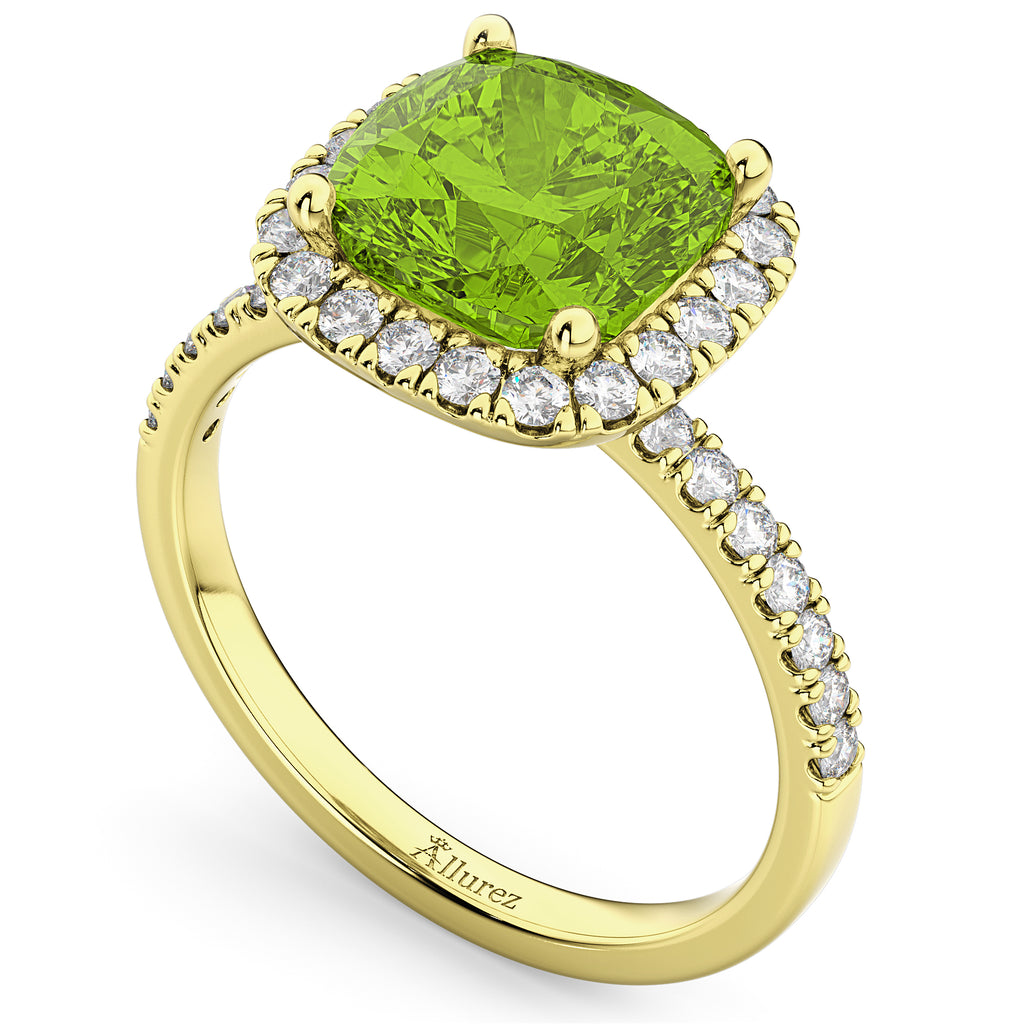 Cushion Cut Halo Peridot & Diamond Engagement Ring 14k Yellow Gold (3.11ct)