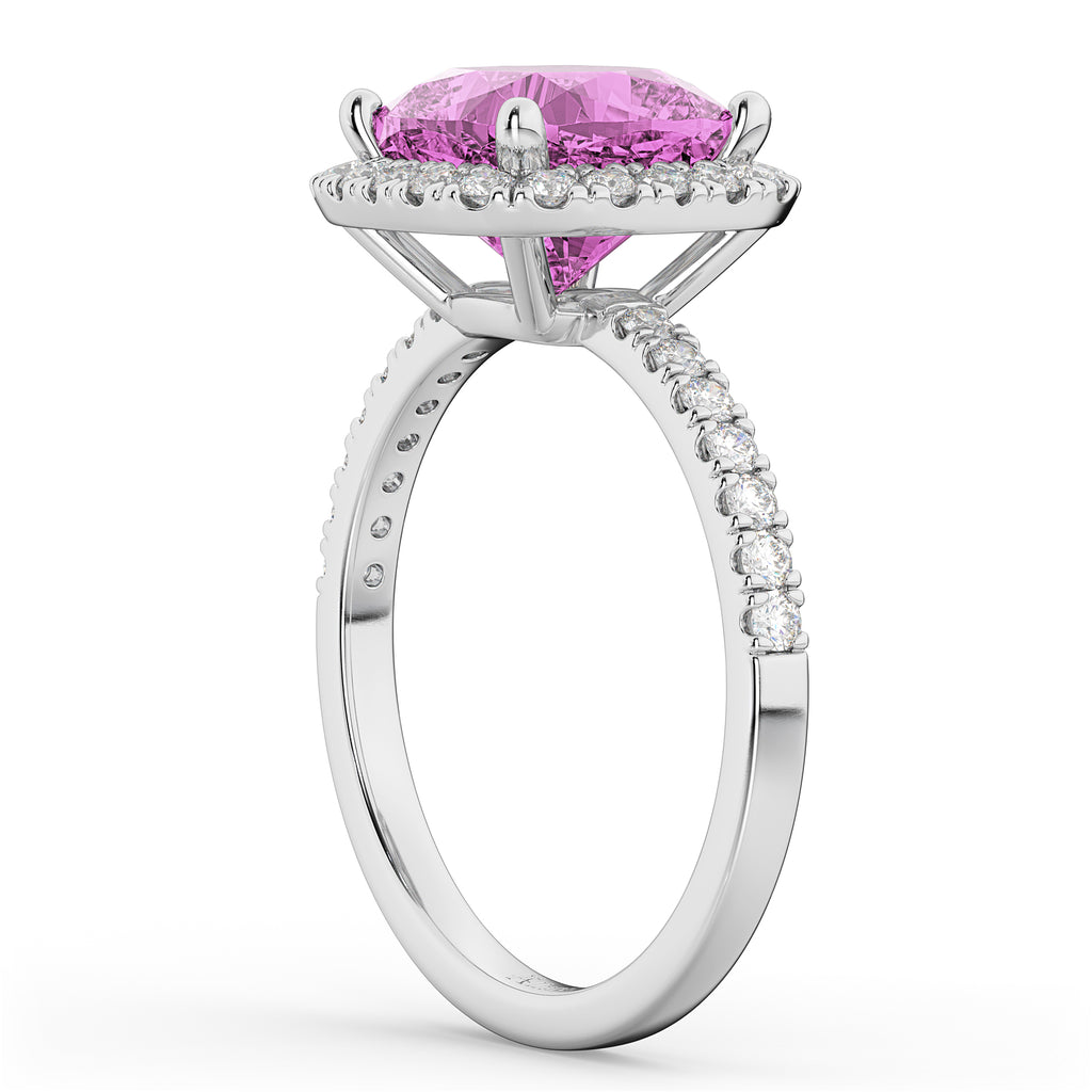 Cushion Cut Halo Lab Pink Sapphire & Lab Diamond Engagement Ring 14k White Gold (3.11ct)
