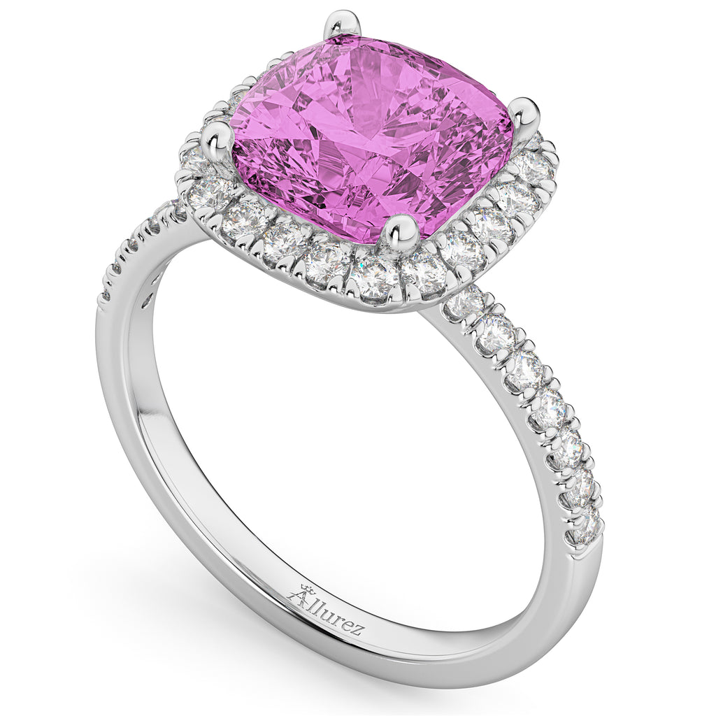 Cushion Cut Halo Lab Pink Sapphire & Lab Diamond Engagement Ring 14k White Gold (3.11ct)