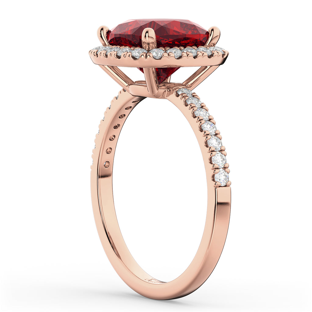 Cushion Cut Halo Ruby & Diamond Engagement Ring 14k Rose Gold (3.11ct)