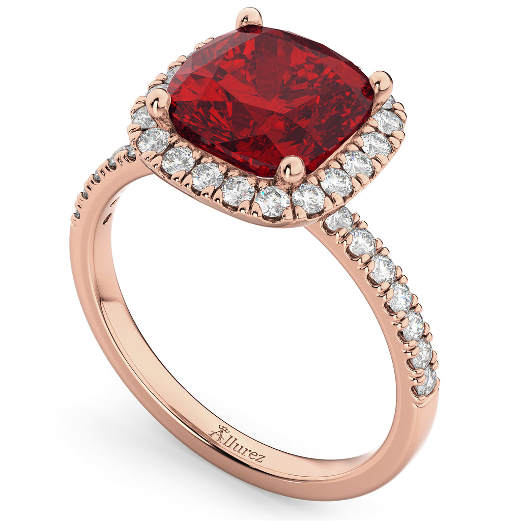 Cushion Cut Halo Ruby & Diamond Engagement Ring 14k Rose Gold (3.11ct)